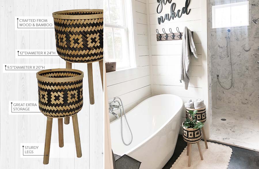 Woven Bamboo Plant Stands with Wooden Legs, Set of 2
