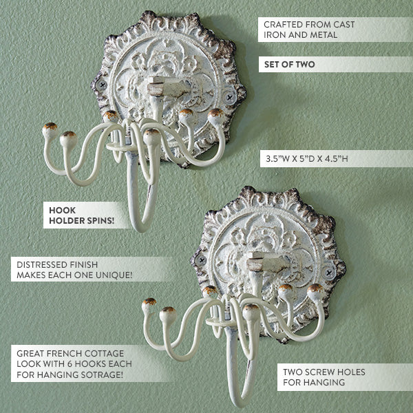 French Country Inspired Spinning Wall Hook, Set of 2