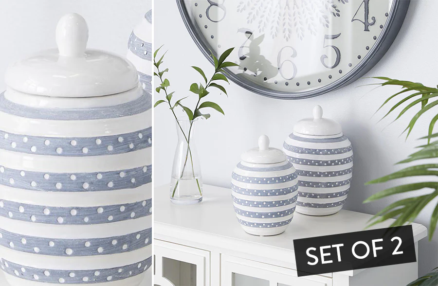Striped Ceramic Jars with Lids, Set of 2