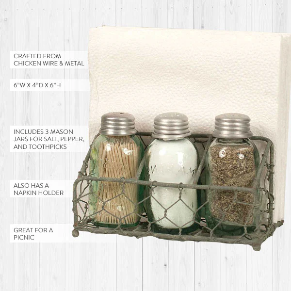 Rustic Napkin Holder with Recycled Glass Mason Jar Shakers