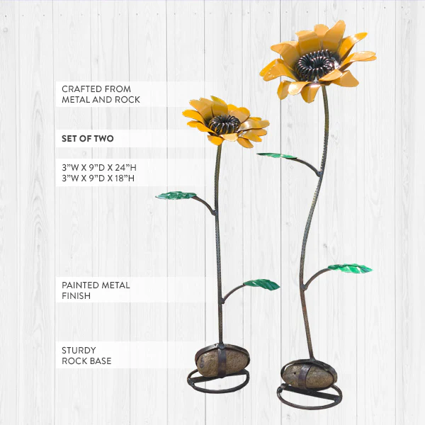 Metal Sunflowers on Rock Bases, Set of 2