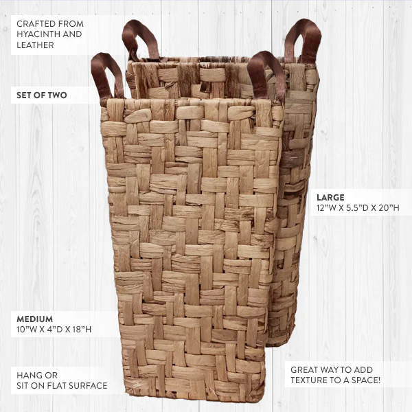 Wall Mounted Hyacinth Baskets with Faux Leather Handles, Set of 2