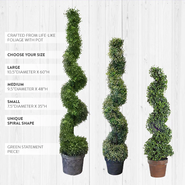 Artificial Spiral Boxwood Topiary Tree in Pot, Choose Your Size