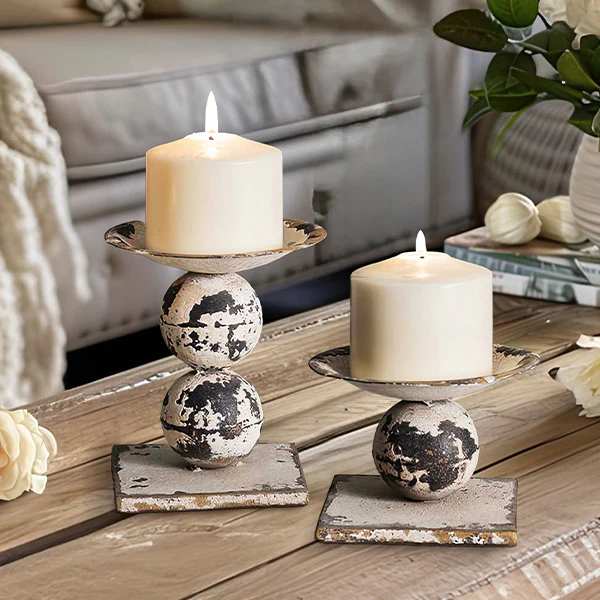 Distressed Sphere Pillar Candle Holders, Set of Two