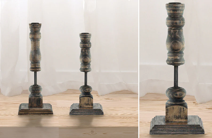 Wooden Spindle Taper Candle Holders, Set of 2