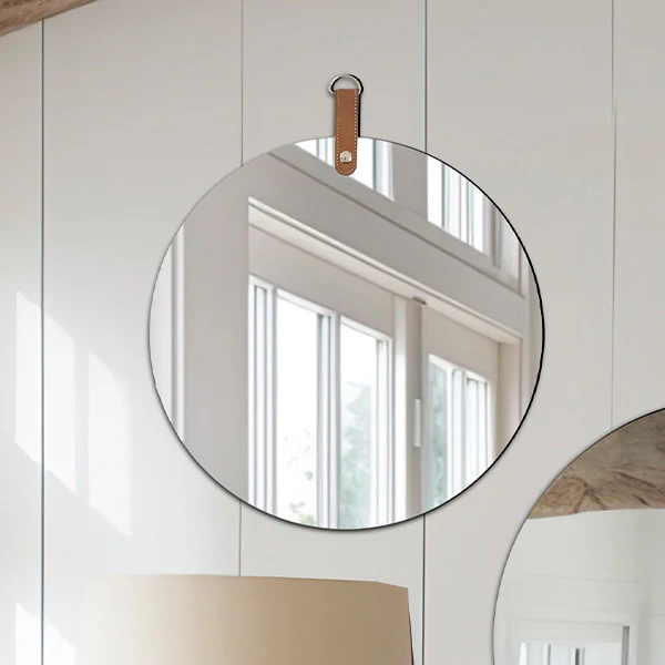 Round Wall Mirror with Leather Like Hanger, Pick Your Size