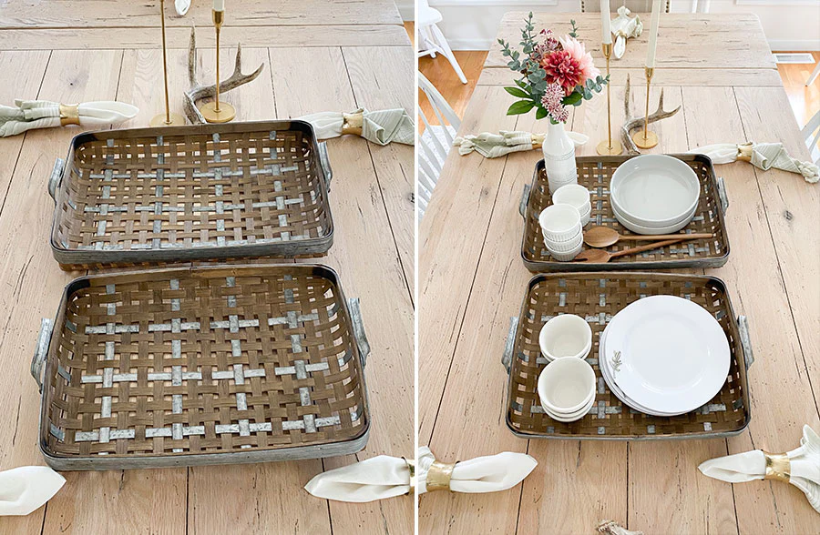 Woven Bamboo and Galvanized Metal Trays, Set of 2