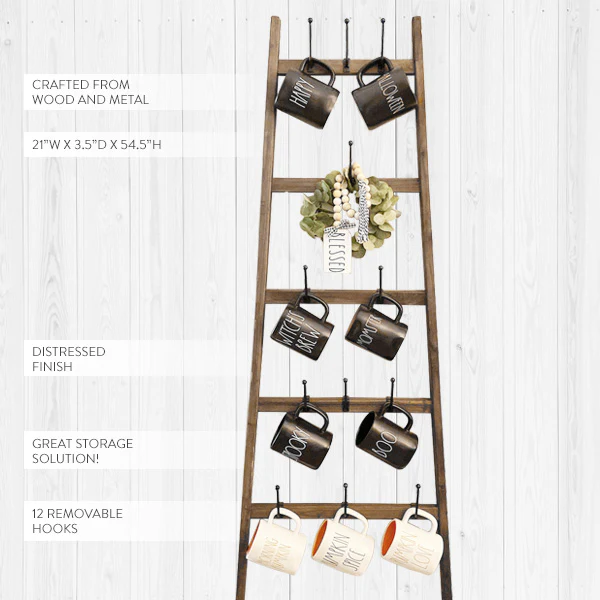 Distressed Wooden Ladder With Removable Hooks
