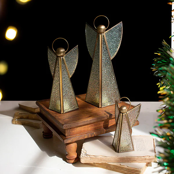 Antique Inspired Metal and Glass Angel Tealight Votive Candleholder, Set of 3