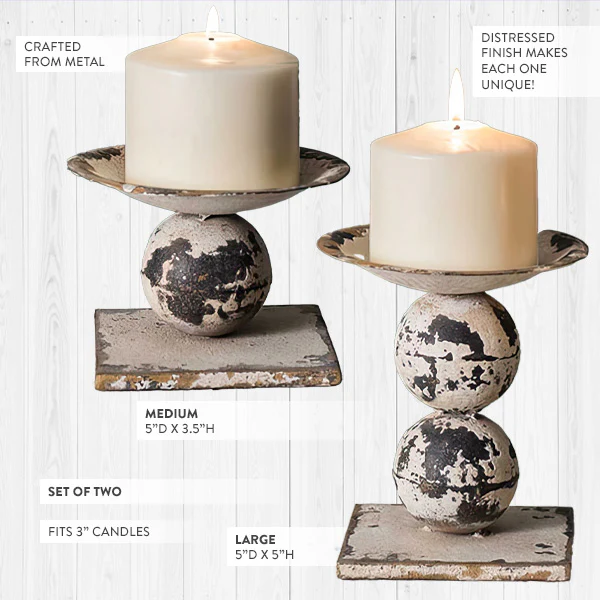 Distressed Sphere Pillar Candle Holders, Set of Two
