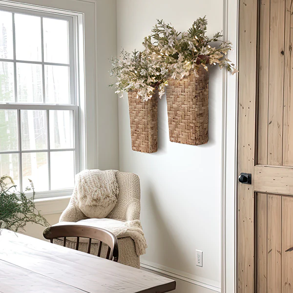 Wall Mounted Hyacinth Baskets with Faux Leather Handles, Set of 2