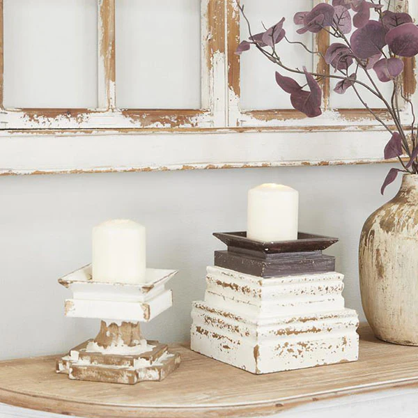 White Chippy Wood Vintage-Inspired Candle Holders, Set of 2