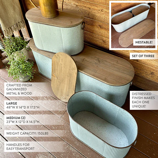 Nestable Galvanized Metal Storage Bench, Set of Three