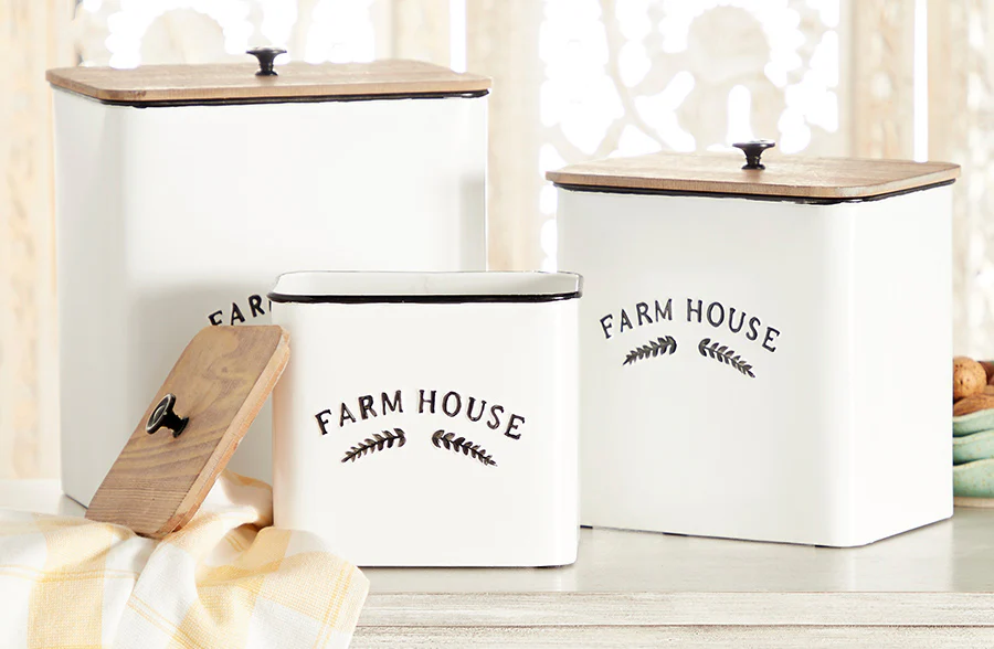 Farmhouse Enamel Bins with Wooden Lids, Set of 3