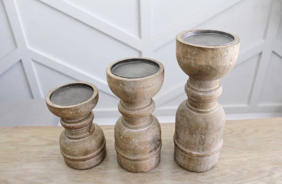 Chunky Wooden Spindle Candle Holders, Set of 3