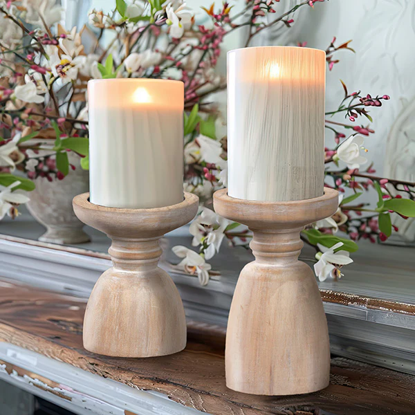 Whitewash Pillar Candle Holders, Set of 2