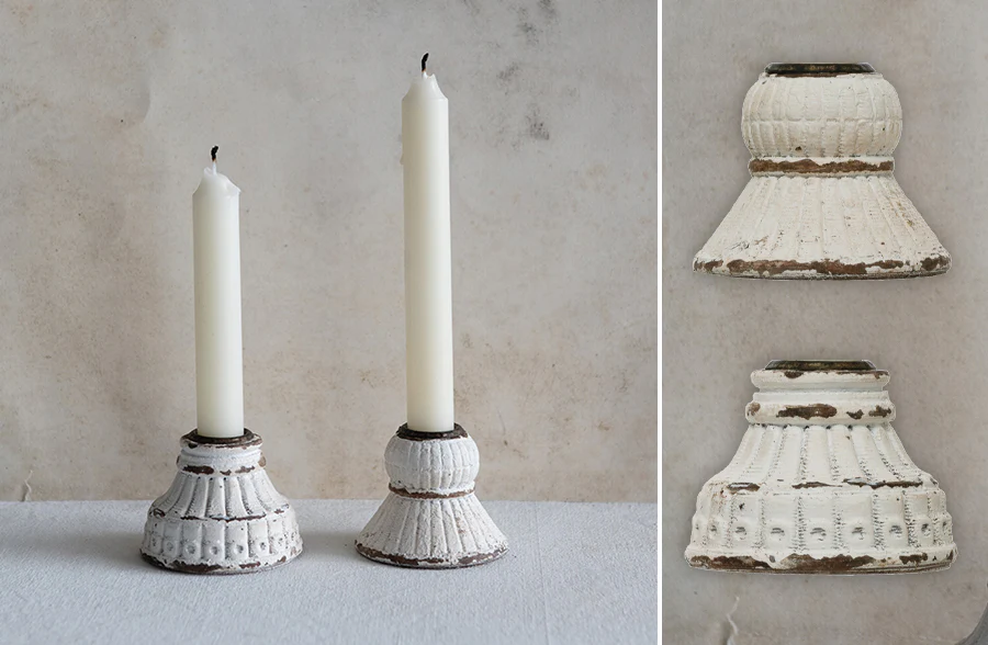 White Chippy Pillar Candle Holders, Set of 2