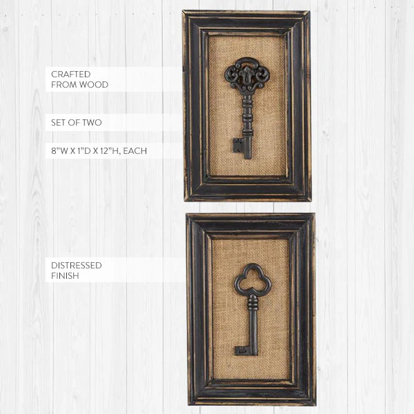 Wooden Framed Antique-Inspired Keys, Set of 2