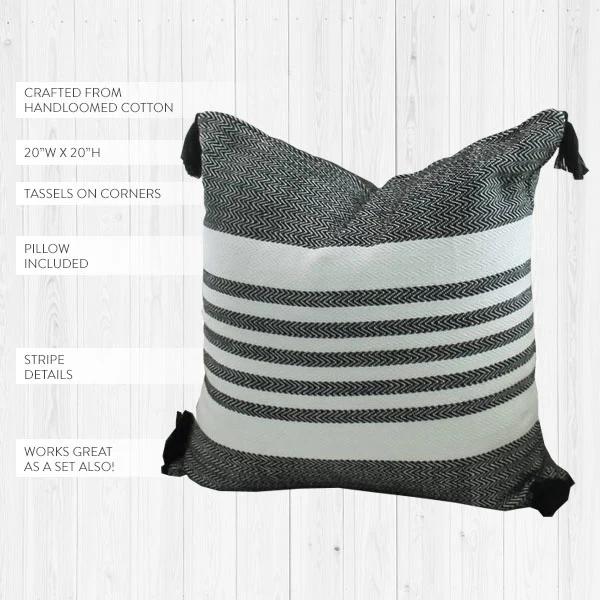 Black Striped Handloomed Throw Pillow with Tassels