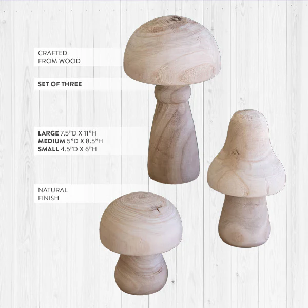 Natural Wooden Mushroom Decor, Set of 3
