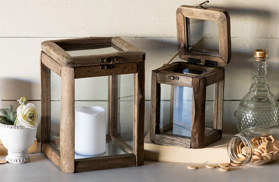 Wooden Framed Box Candle Holders, Set of 2
