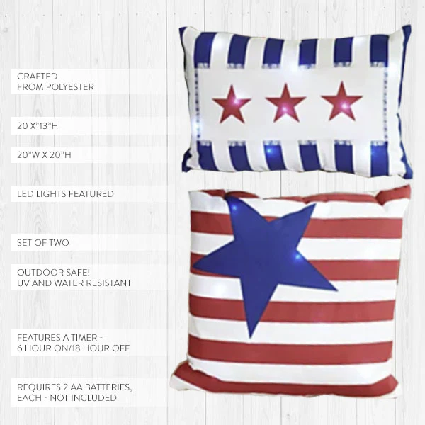 Outdoor Safe LED Light Up Patriotic Pillows, Set of 2