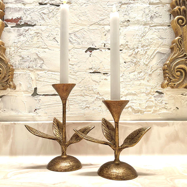 Blooming Florals Antique Gold Candle Holders, Set of 2