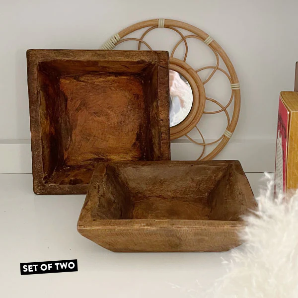 Square Wooden Dough Bowls, Set of 2