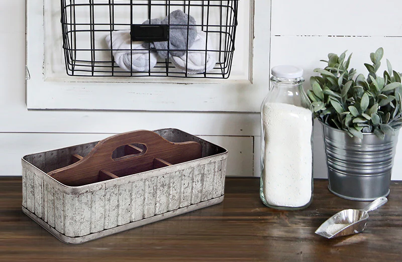 Galvanized Caddy with Wooden Handle
