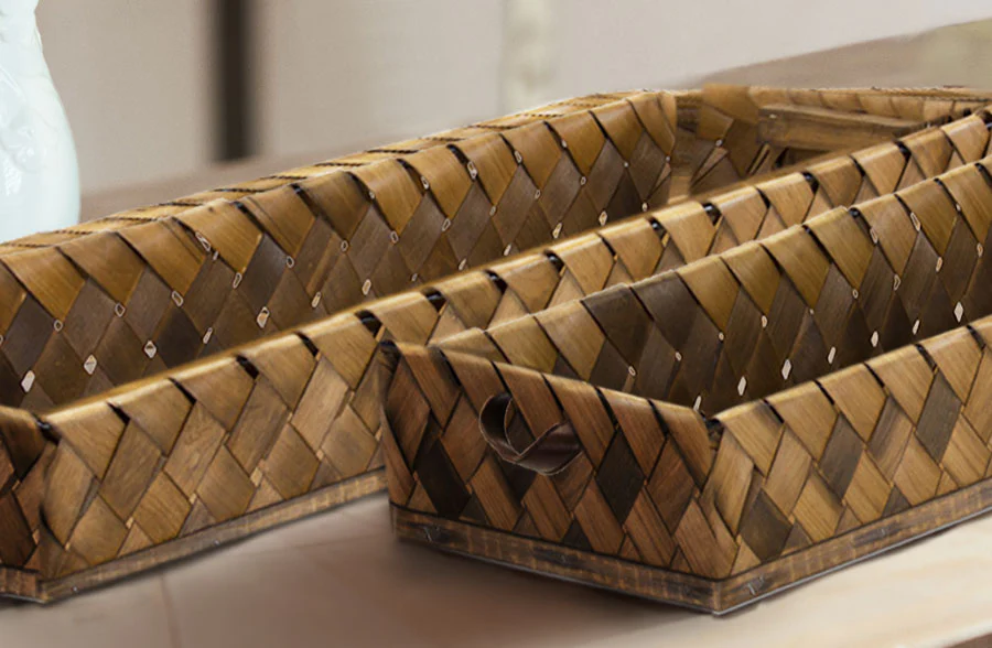 Woven Rectangular Tray Baskets with Leather Handles, Set of 2