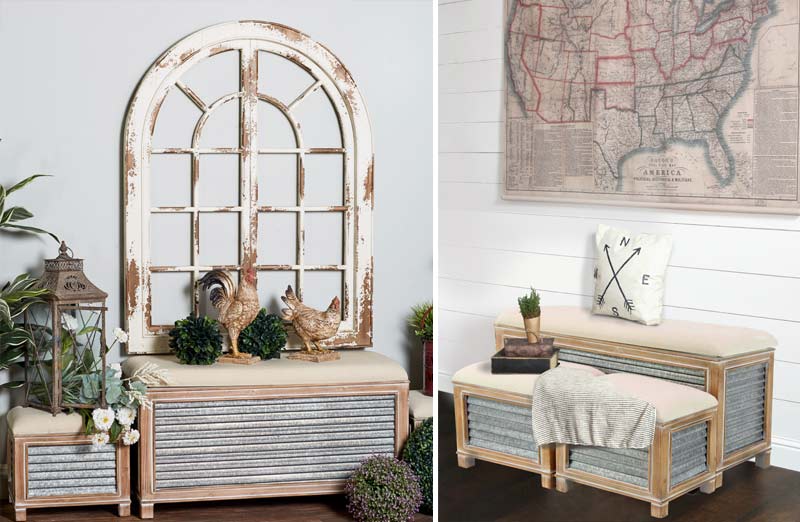 Corrugated Metal Storage Bench With Two Ottomans