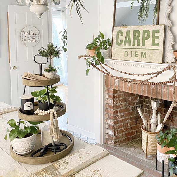 Natural Wood Tiered Tray with Metal Stand