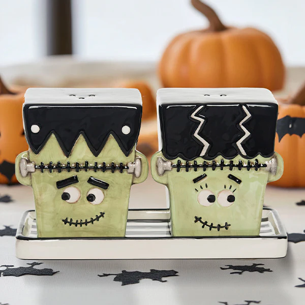 Frankenstein & Bride Salt Pepper Shakers with Plate
