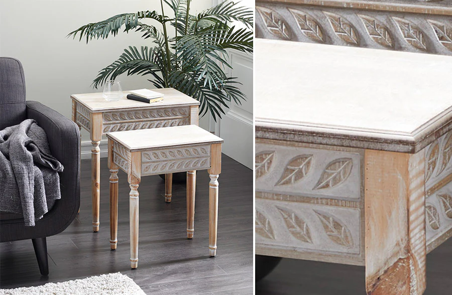 Carved Wooden Nesting Side Tables, Set of 2