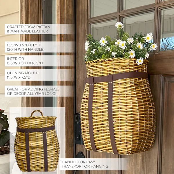 Oversized Rattan Wall Basket with Vegan Leather Trim