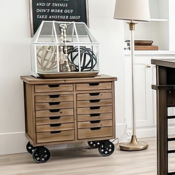 Rustic Rolling Wooden Cabinet with Drawers