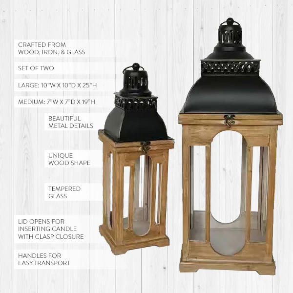 Refined Classic Natural Wood and Black Iron Lanterns, Set of 2