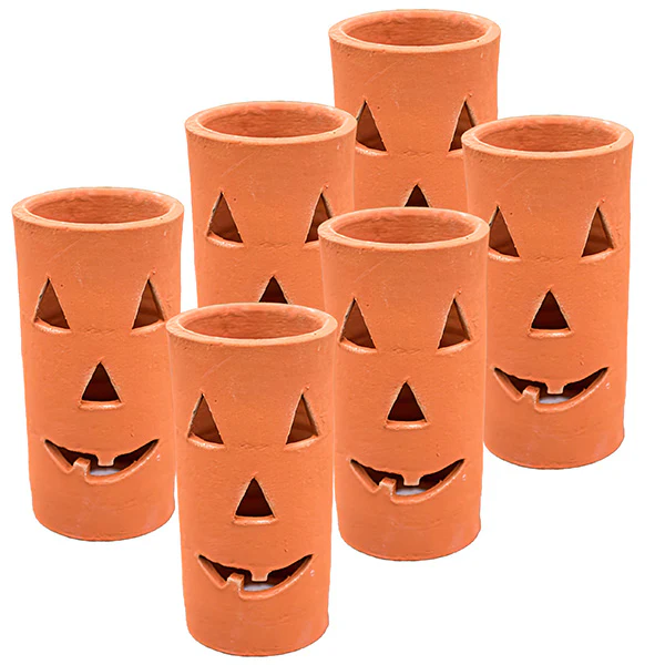 Tall Terracotta Jack-O-Lanterns, Set of 6
