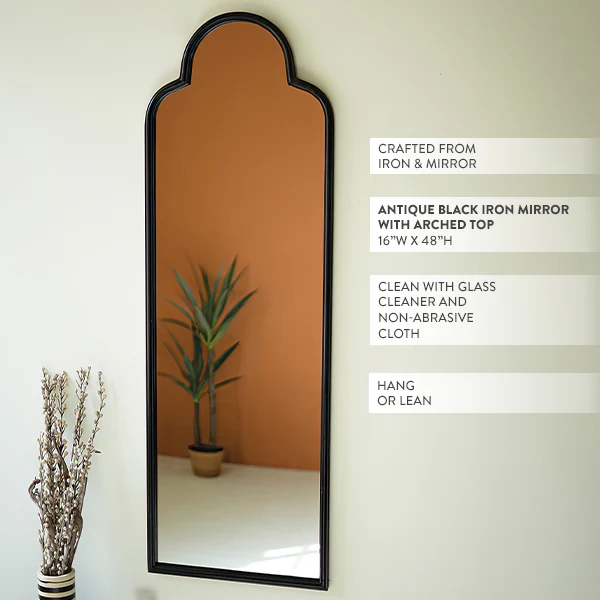 Antique Inspired Black Iron Mirror with Arched Top