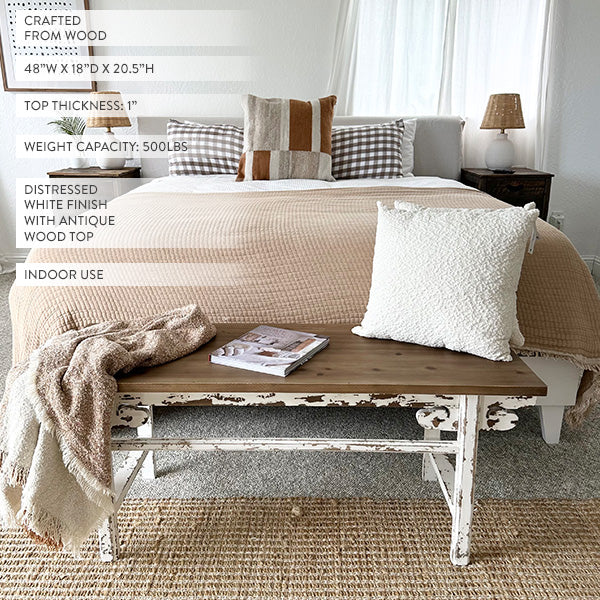 Distressed White Finish Wooden Bench