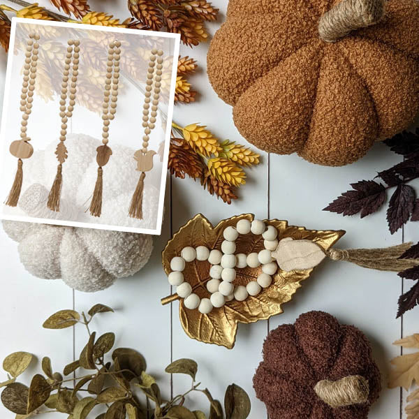 Paulownia Wood Bead Loop Garland with Fall Icon and Jute Tassel, Set of 4