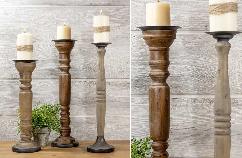 HUGE Antiqued Finish Wooden Candle Sticks  Set of 3