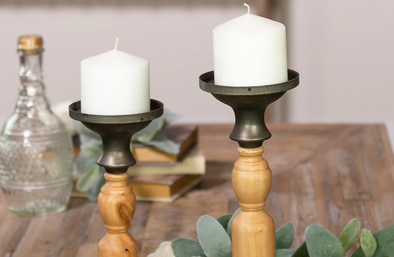 Metal and Wood Pillar Candle Holders. Set of 2