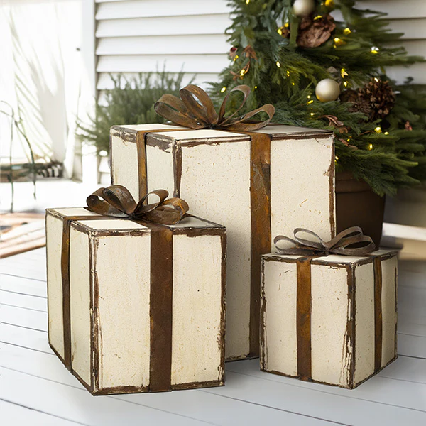 Nesting Metal Decorative Christmas Presents, Set of Three