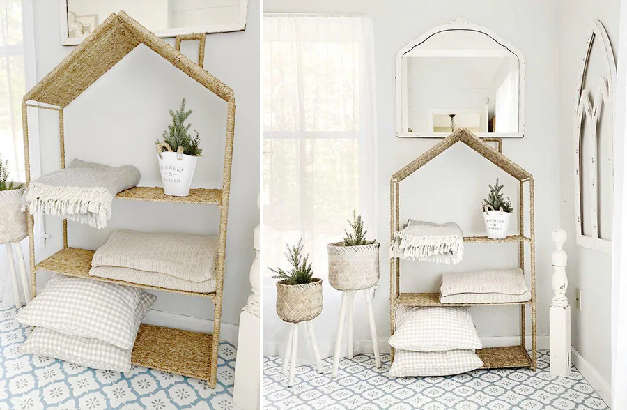 54 Inch House Shaped Seagrass Shelving Unit