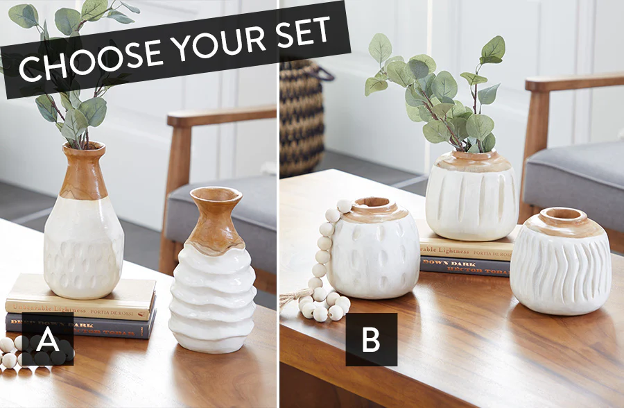 White Teak Wood Table Vase Set, Pick Your Style